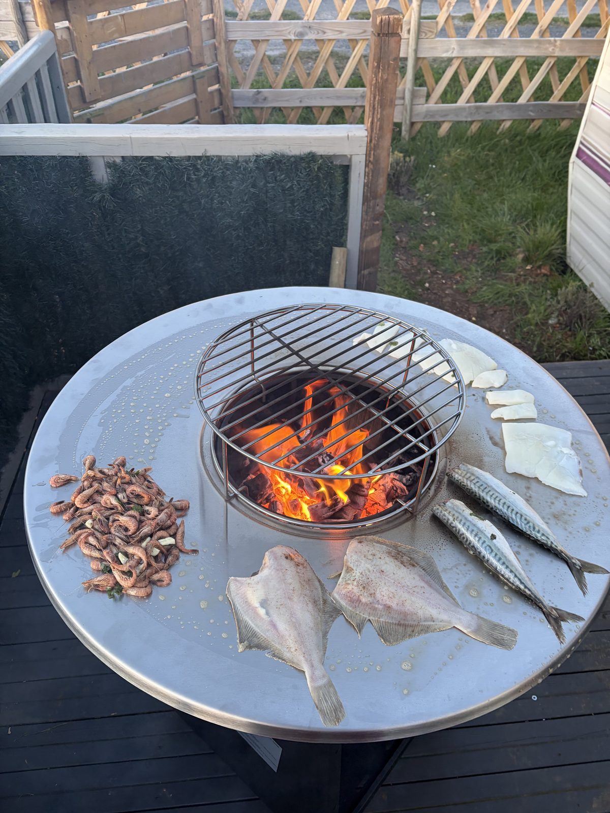Poissons et crevettes au feu de bois